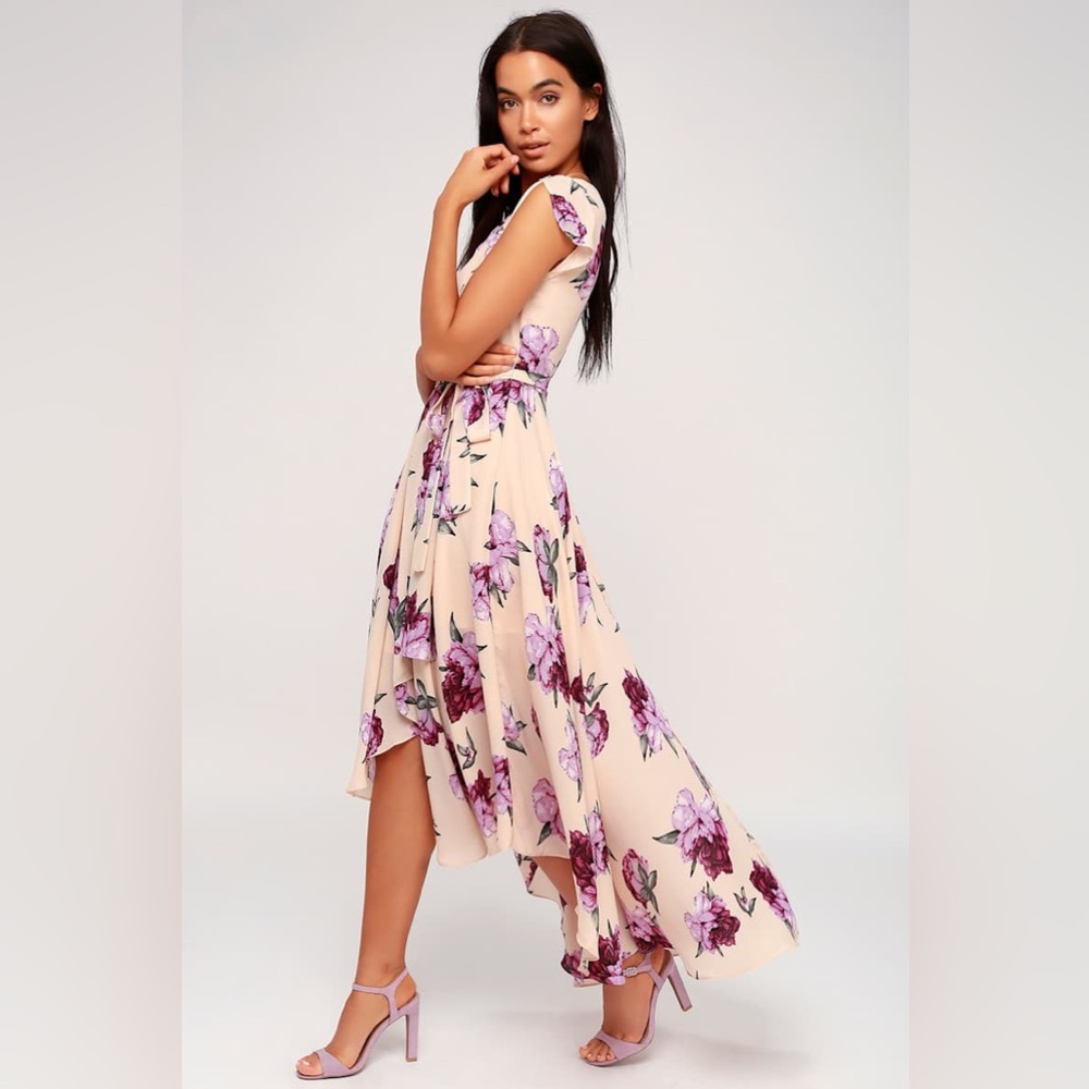Lulu’s French Countryside Blush Floral Print High Low Hem Midi Dress Size S